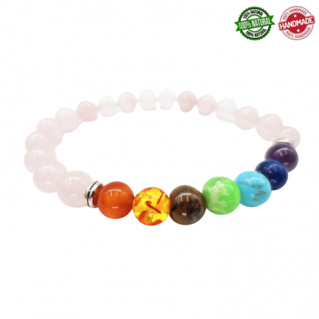 Braccialetto Perline da 8mm Quarzo Rosa e Pietre 7 Chakra