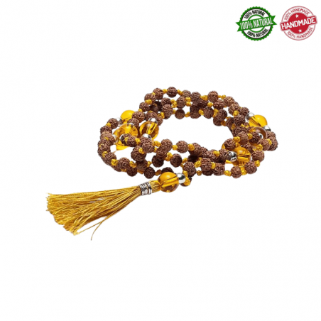 Mala Tibetano 108 Semi di Rudraksha e Perle di Citrino da 5mm in pietra naturale - Qualità A