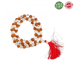 Mala Tibetano 108 semi di Rudraksha e perle Cristallo di Rocca da 8mm in pietra naturale - Qualità AA