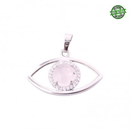 Quarzo Rosa Pendente Occhio di metallo e Zirconi Bianchi con Pietra Naturale - (22 x 33mm)