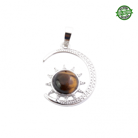 Occhio di Tigre Pendente Sole & Luna in metallo con Pietra Naturale - (25 x 25mm)
