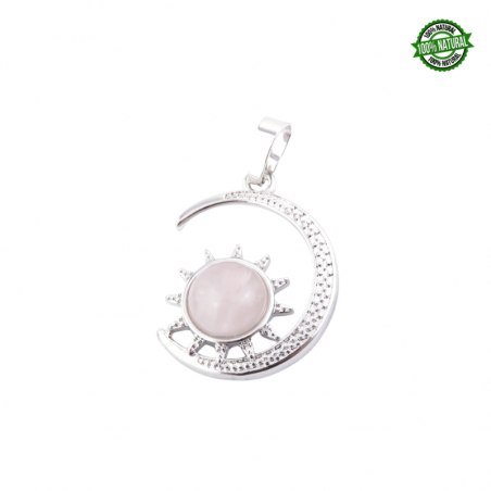 Quarzo Rosa Pendente Sole & Luna in metallo con Pietra Naturale - (25 x 25mm)