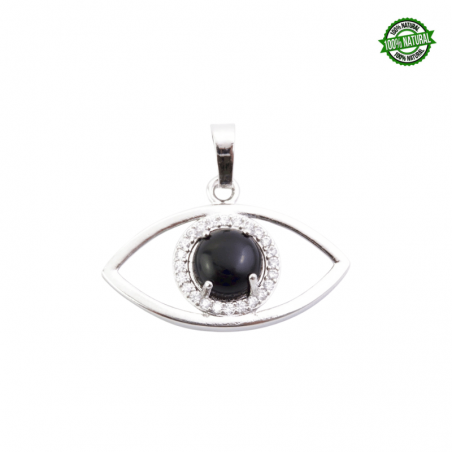 Onice Nero Pendente Occhio di metallo e Zirconi Bianchi con Pietra Naturale - (22 x 33mm)