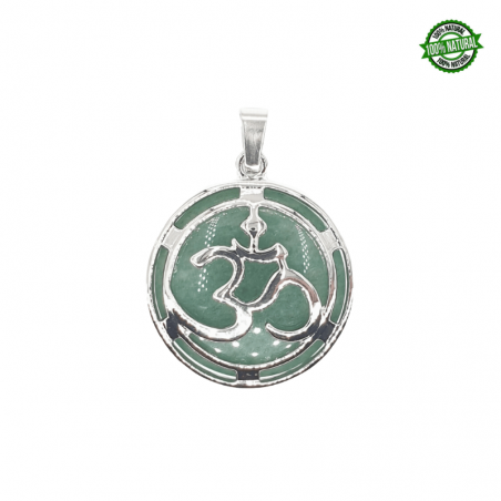 Avventurina Verde Pendente Pietra Naturale Tonda con Simbolo Ohm in metallo