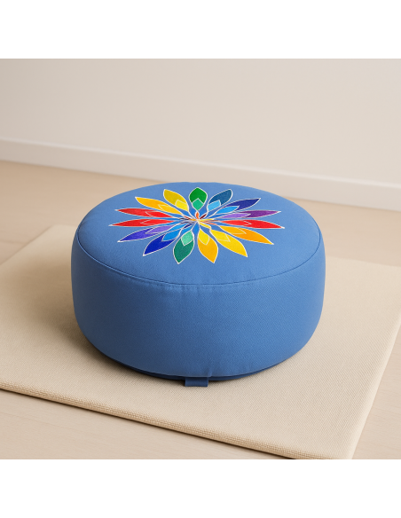 Cuscino Meditazione Blu Fiore Ricamato – Cotone Organico OCS | 33x13