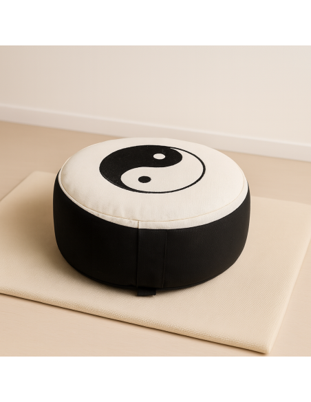 Cuscino Meditazione Yin Yang Ricamato – Avorio e Nero  Cotone Organico